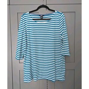 Land's End 3/4 Sleeve Boat Neck Pima Cotton Striped Tee Size XL Teal White